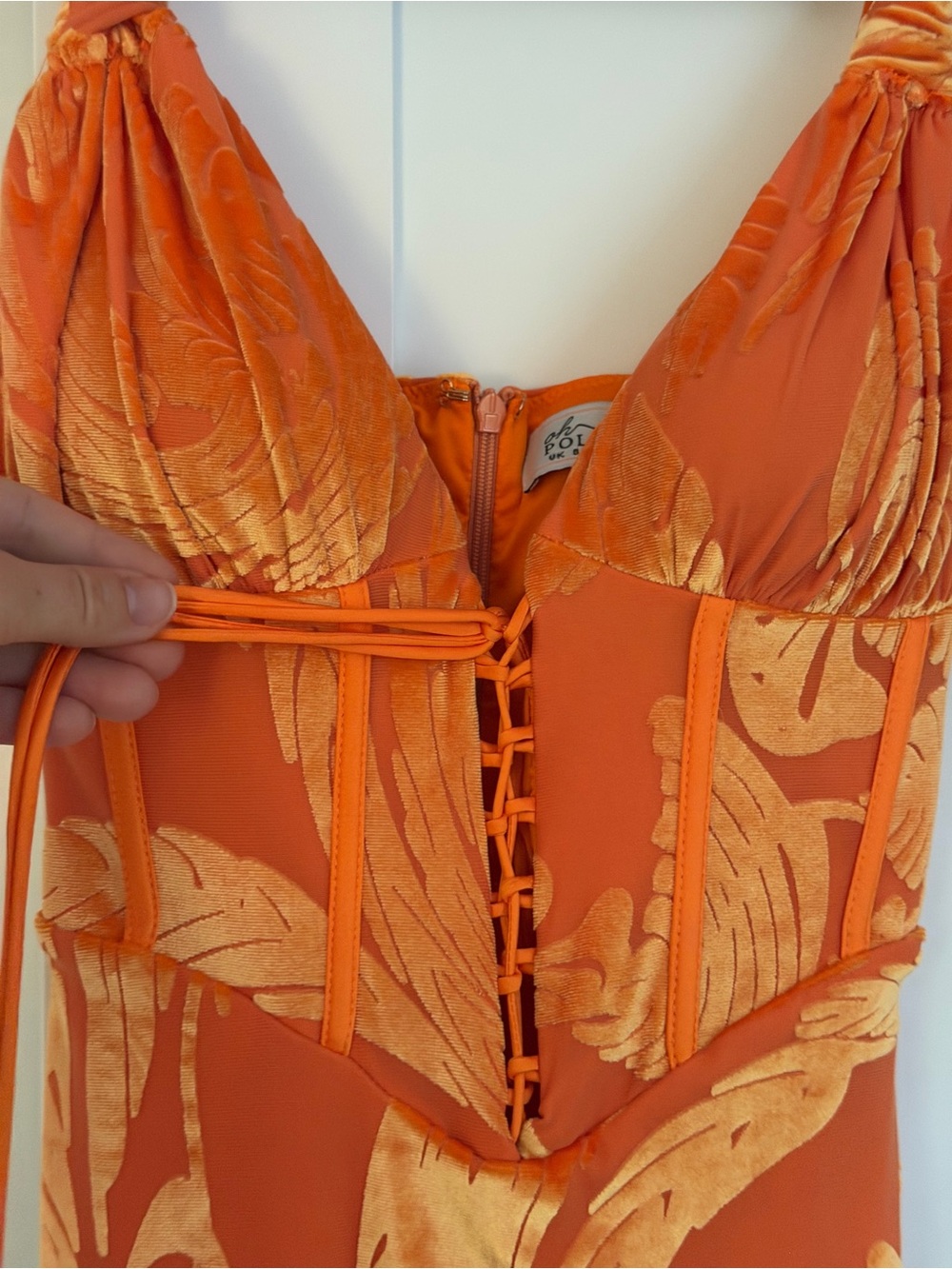 Oh Polly Orange Velvet Corset Mini Dress UK 8 US 4 Textured Lace Up Bodycon - Picture 3 of 7